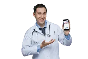 joyful-young-male-doctor-wearing-medical-robe-stethoscope-around-neck-looking-camera-showing-mobile-phone-pointing-hand-it-isolated-purple-background (1)